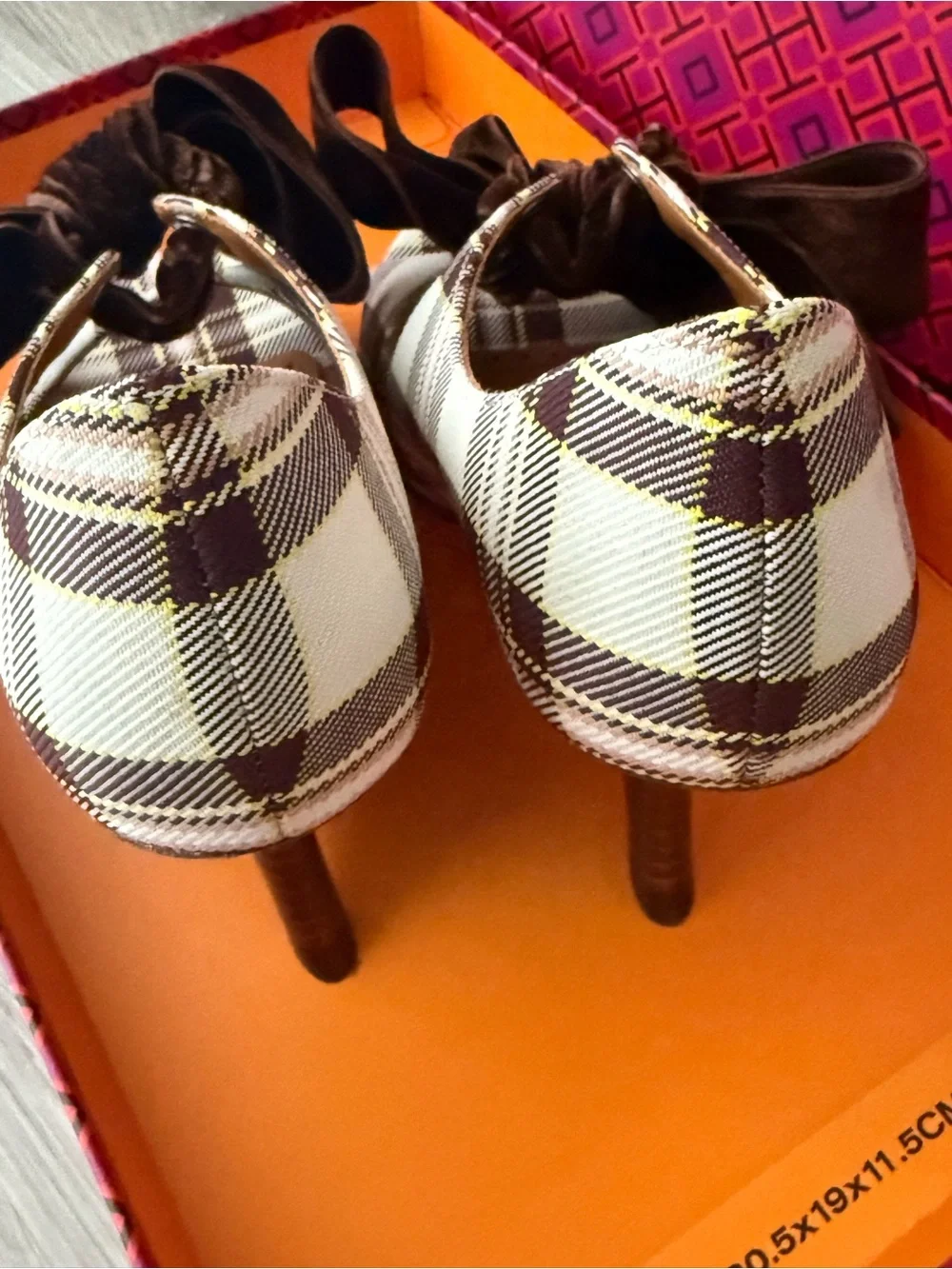 Tory Burch Brown and Cream Plaid Peep-Toe Flats with Velvet Bow